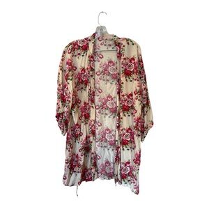 Boho Floral Kimono Cardigan Roses Side Ties 2000s Era L/XL